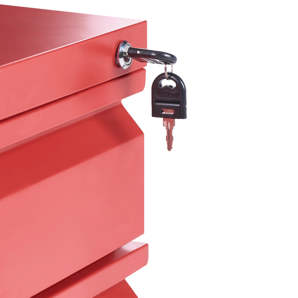 Mobile contenitore in acciaio rosso a 3 cassetti con rotelle in plastica e serratura a chiave per ufficio moderno