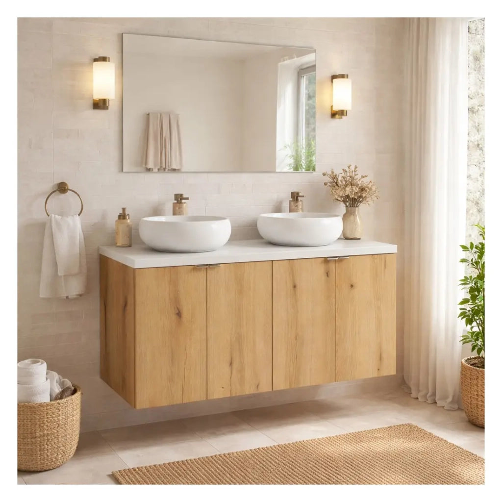 Set VANO in finitura quercia e bianco 120cm: mobili sotto lavabo con armadietti + piano per lavabo + lavabi da appoggio tondi bianchi