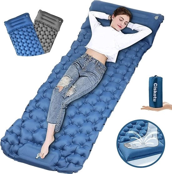 Matrassopblaasbaar, 9 cm, matrass con aria compressa, opblaasbaar, con cuscino, matrass da campeggio, outdoor, per campeggio, escursioni, viaggi a zaino e passeggiate (blu + grigio)