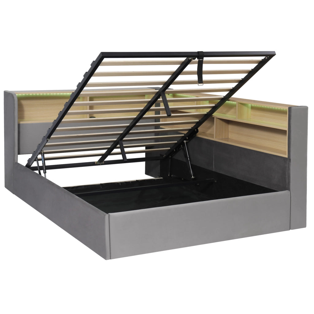 Letto daybed imbottito 140x200 cm con contenitore idraulico; LED; USB; velluto grigio