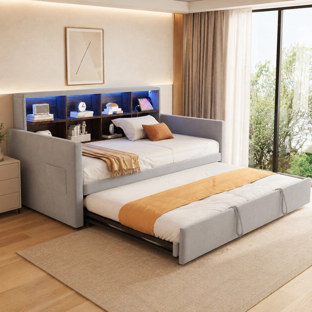 LETTO imbottito 90x190 cm in velluto grigio chiaro con testiera contenitore