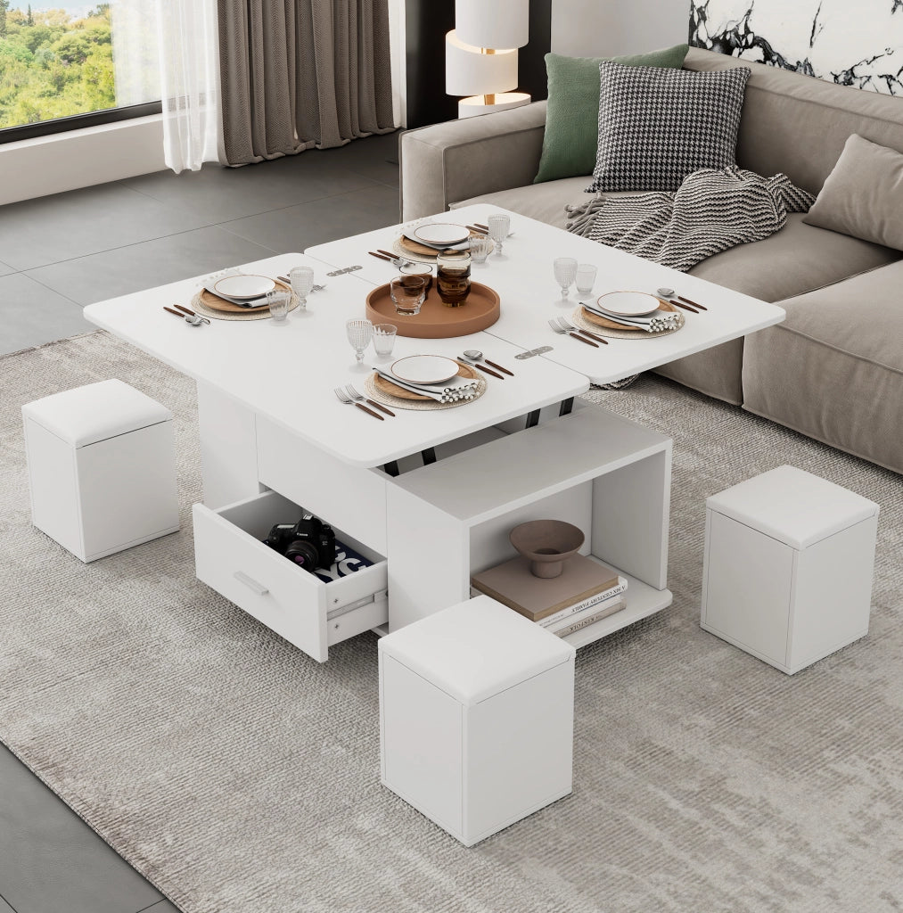 Tavolino da salotto trasformabile 100x50x45 cm in truciolare bianco; con 4 sgabelli contenitori