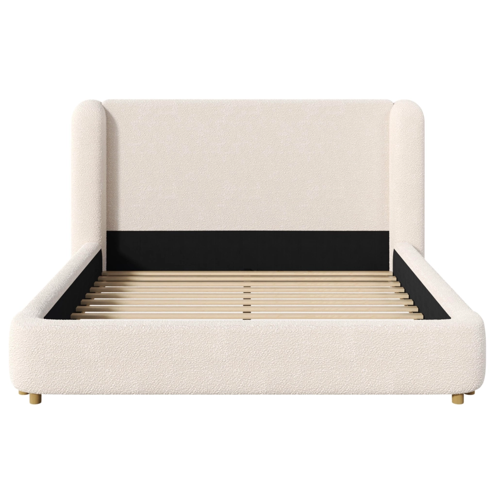 Letto matrimoniale king size 180x200 cm imbottito con testiera e rete a doghe; tessuto bouclé beige