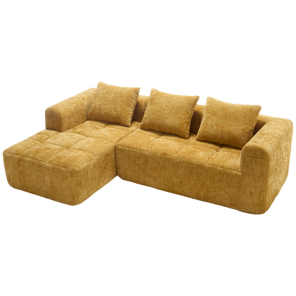 OKWISH Divano ad Angolo 3 Posti, Modulare con Chaise Longue e Tasche Laterali, Ciniglia, Giallo, 250 × 158 × 60 cm