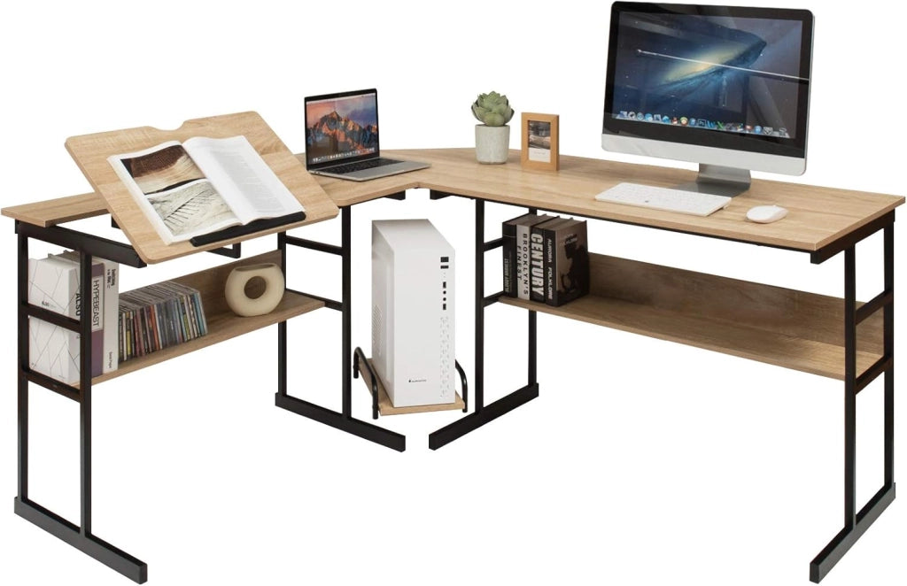 Scrivania Angolare 170 CM, Scrivania ad Angolo per Computer con Piano Inclinabile, Scaffale Inferiore e Supporto per CPU, Scrivania a Forma di L per Ufficio e Studio (Naturale)