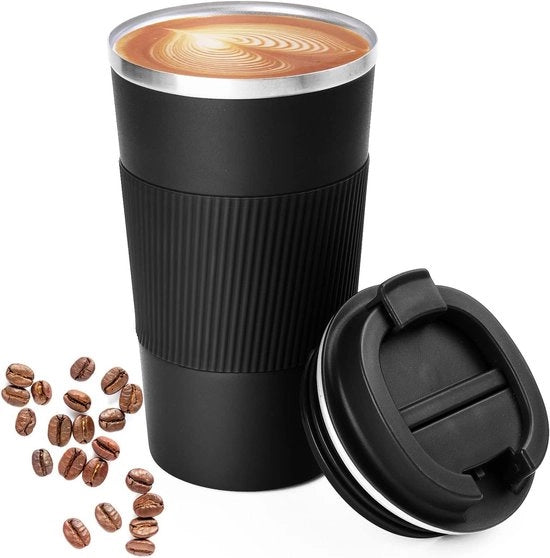 Tazza Viaggio Premium - 500ml - Bicchiere di Caffè Riciclabile - Isolato a Vuoto - Cappuccino Portatile con Tappo Ermetico - In Acciaio Inossidabile - Adatto per Acqua Calda/Fredda e Tè - Nero