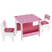 SET TAVOLO CON 2 SEDIE PER BAMBINI 3-8 ANNI, TAVOLINO CON SCAFFALE IN LEGNO MDF CON DISEGNI A CUORI, ROSA