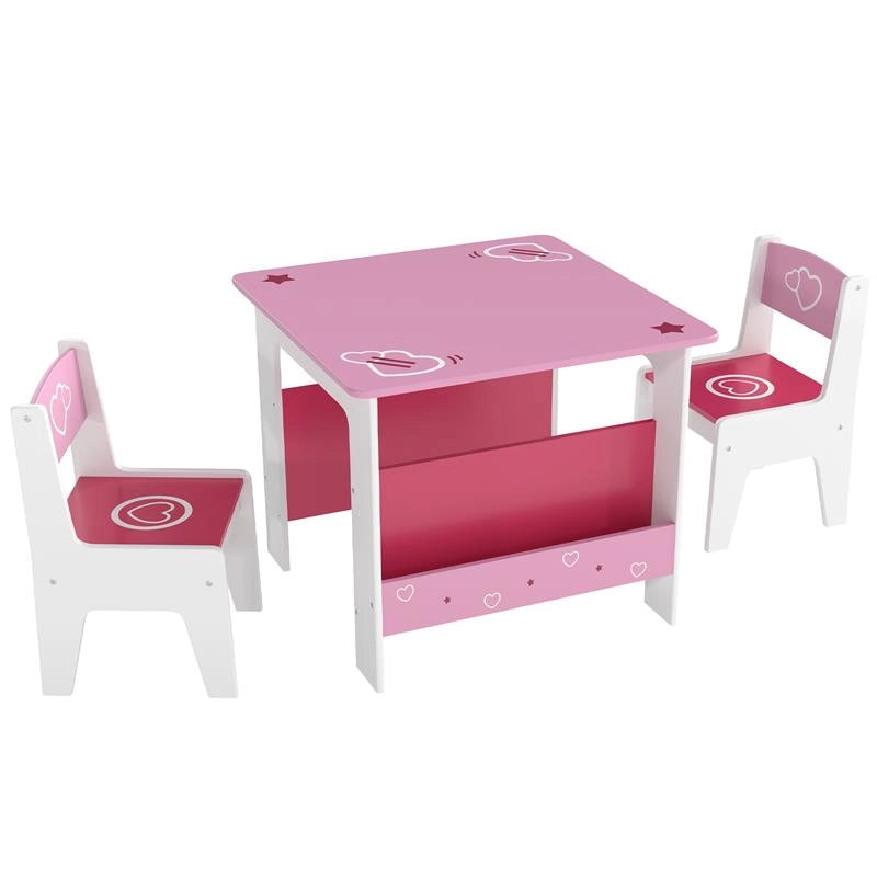 SET TAVOLO CON 2 SEDIE PER BAMBINI 3-8 ANNI, TAVOLINO CON SCAFFALE IN LEGNO MDF CON DISEGNI A CUORI, ROSA