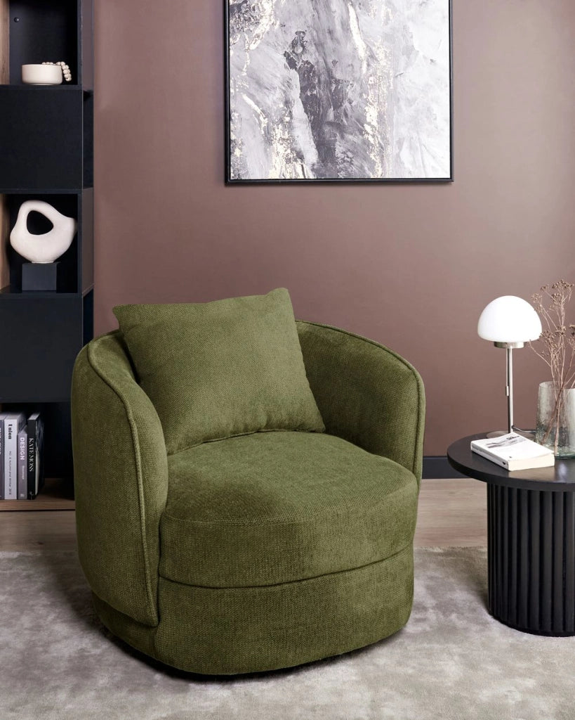 Poltrona Verde Poliestere Cuscino Girevole Sfoderabile Schienale Rotondo Stile Retro Glam Soggiorno