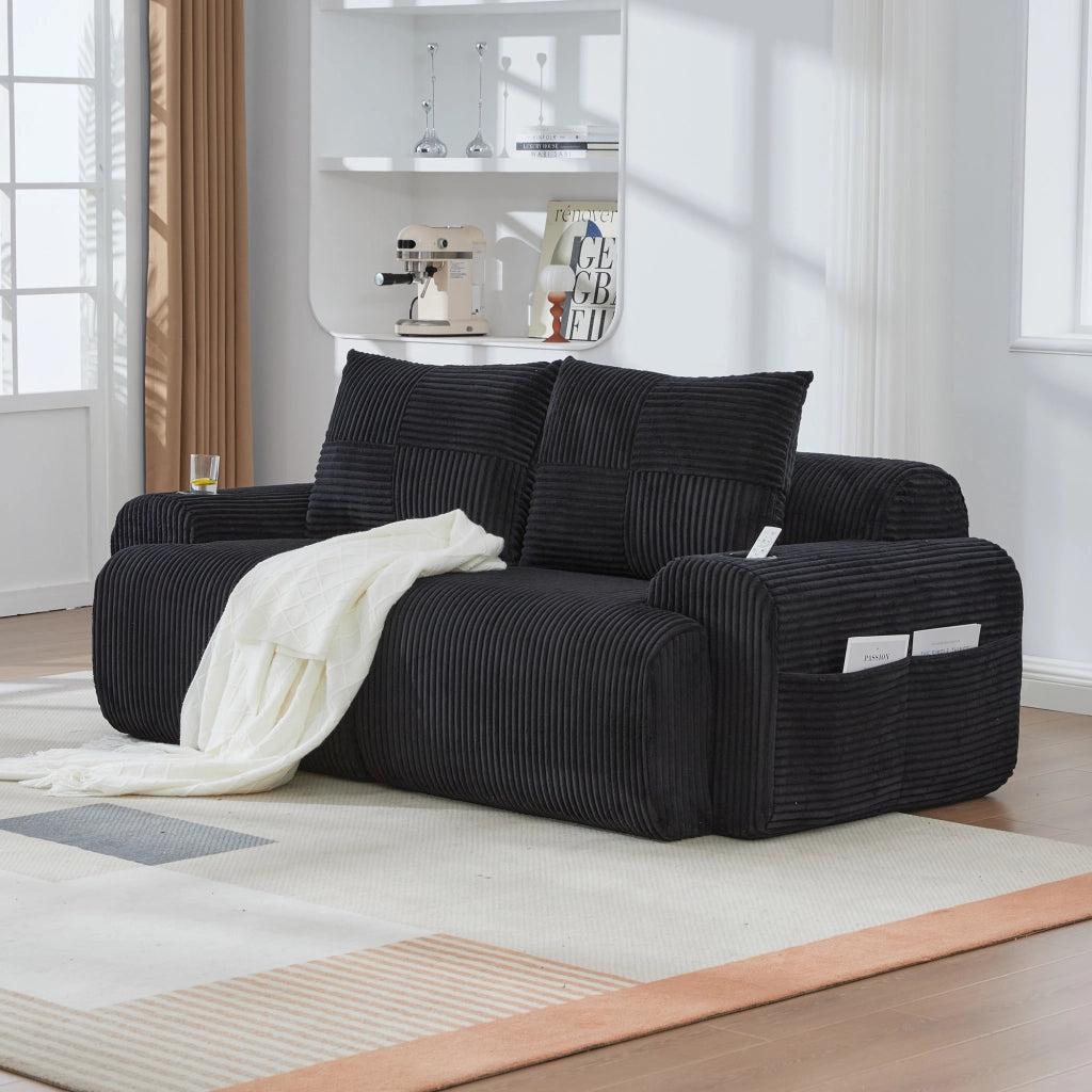 Divano modulare a 2 posti con portabicchieri e tasca laterale con imbottitura ergonomica in tessuto a coste nero