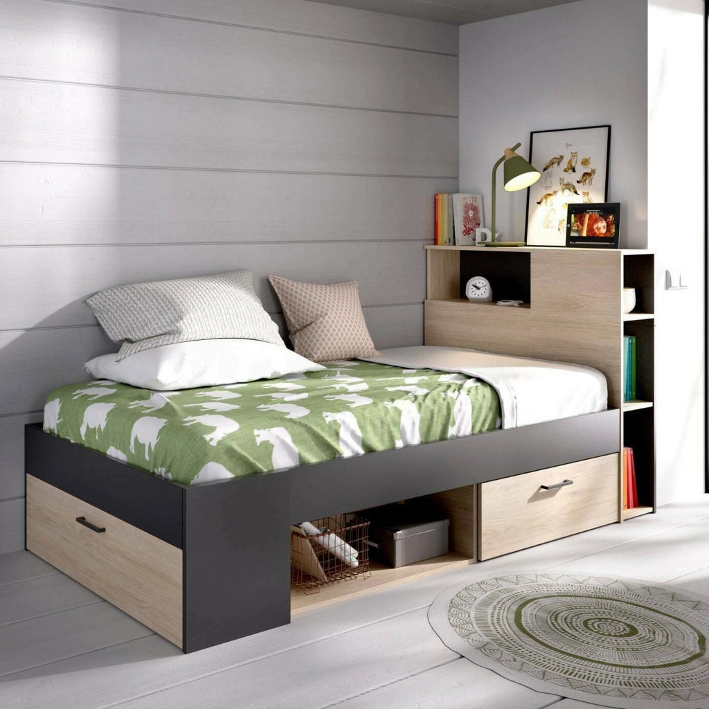 Letto per bambini Adrielle, Lettino per cameretta con testiera, Struttura per letto singolo con cassetto e scaffali, 218x99h96 cm, Rovere e Antracite