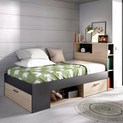 Letto per bambini Adrielle, Lettino per cameretta con testiera, Struttura per letto singolo con cassetto e scaffali, 218x99h96 cm, Rovere e Antracite