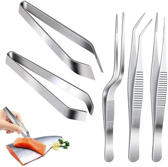 Set di Tanghe per Cucina - 5 pezzi Acciaio Inossidabile - Spiedini per Frittura - Tanghe da Cucina Professionali - Tanghe Precise - Pincetta da Cucina - Ideali per Frittelle di Pesce