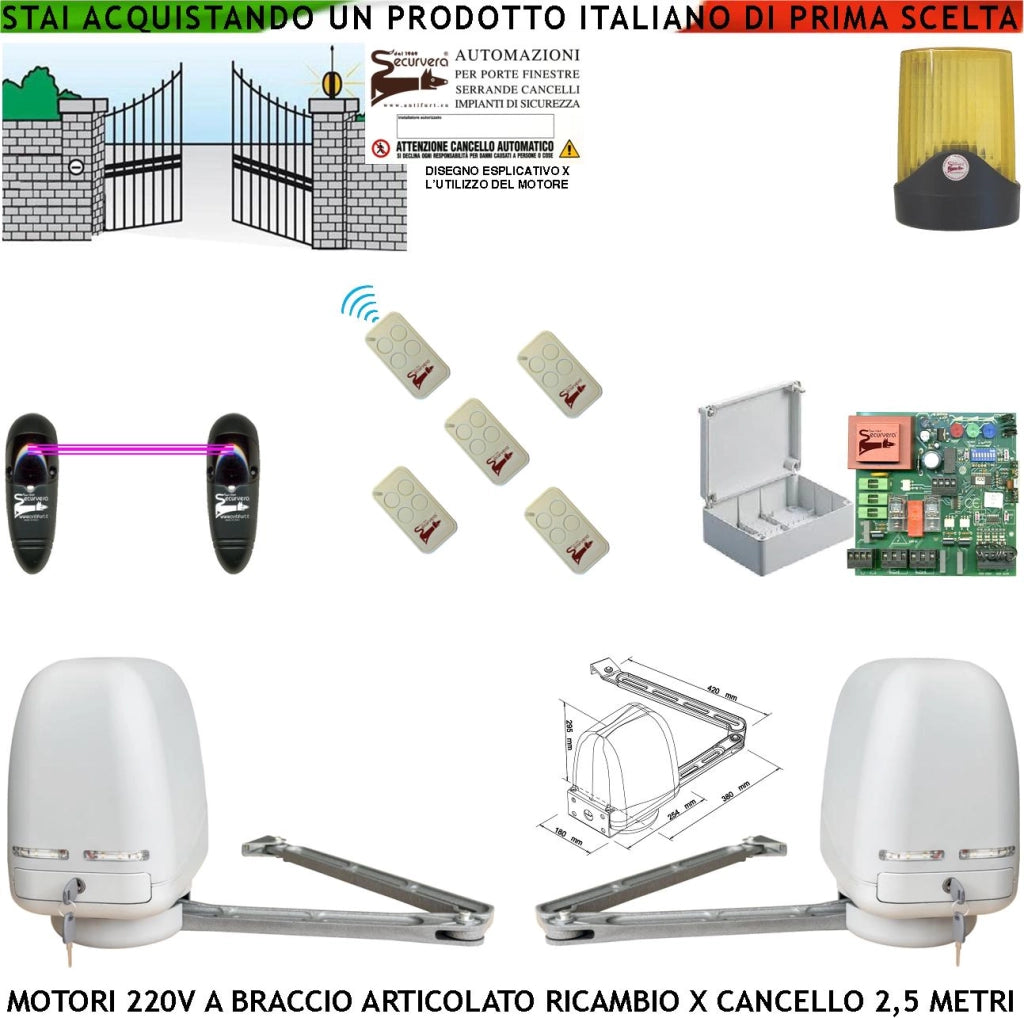 Cancello Elettrico 5 Metri 2 Ante da 0,5 a 2,5 Metri 2 Motori Braccio Articolato 220 V 250 NM Accessori Ricambio Automatismo Centrale 5 Radiocomandi Fotocellule