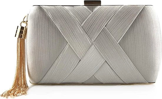 Abbigliamento da sera per donne, abito da sera in seta, borsa con pennello, appoggio per un matrimonio, borsa da cocktail per una laurea