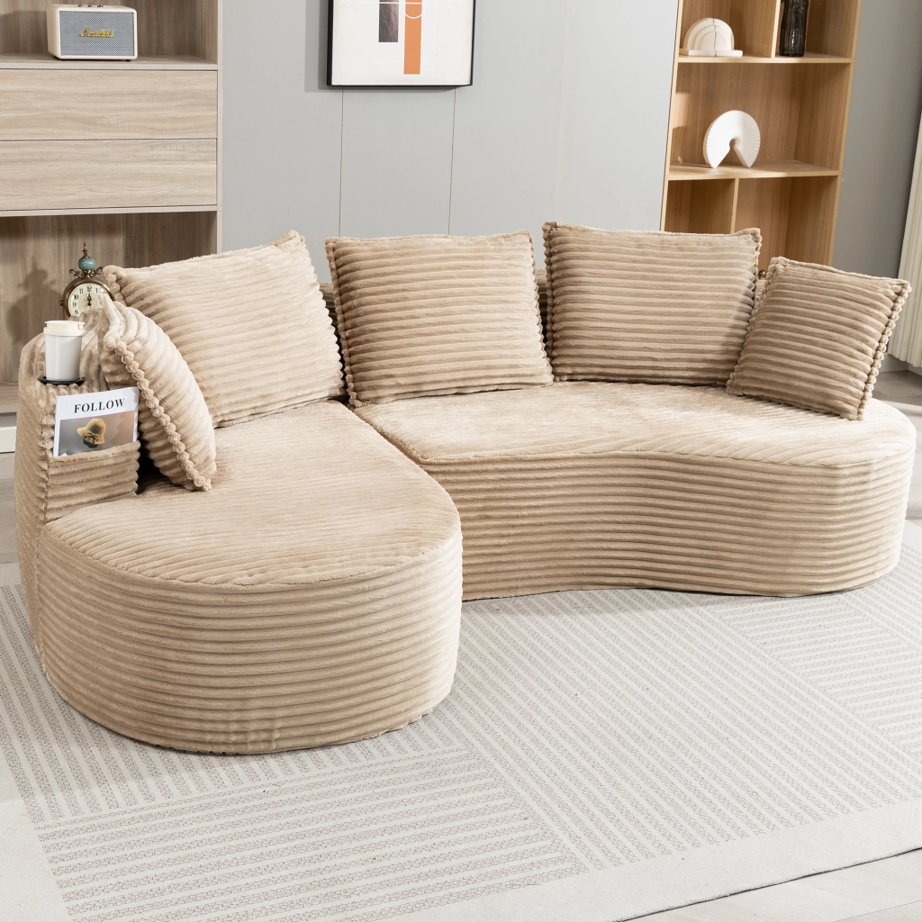 DIVANO Curvo 250x152x82 cm in tessuto corduroy Kaki con cuscino