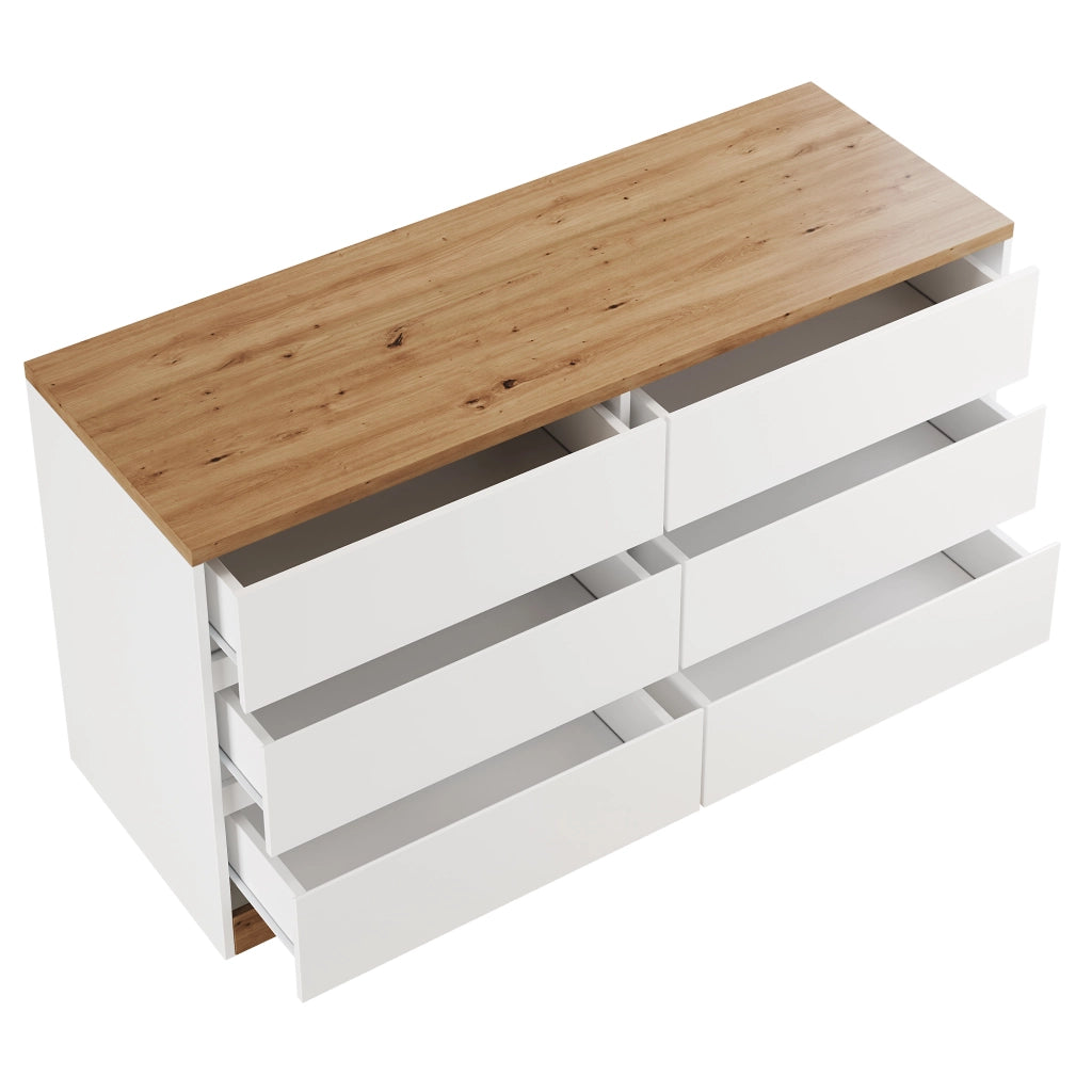 Scrivania girevole con 6 cassetti e ruote bloccabili, per ufficio in casa e camera, in truciolare, bianco e rovere, 120 × 50 cm