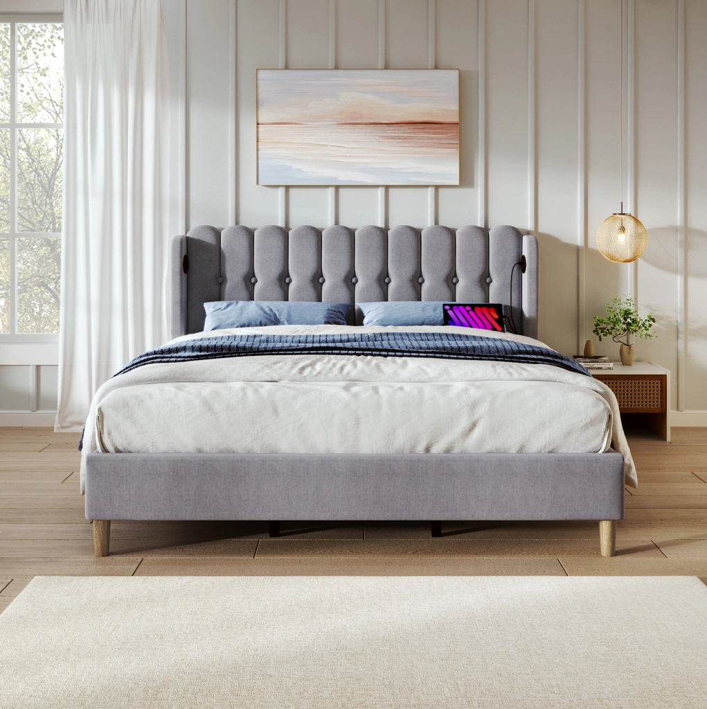 Letto imbottito grigio 160x200 cm con testiera USB e Type-C