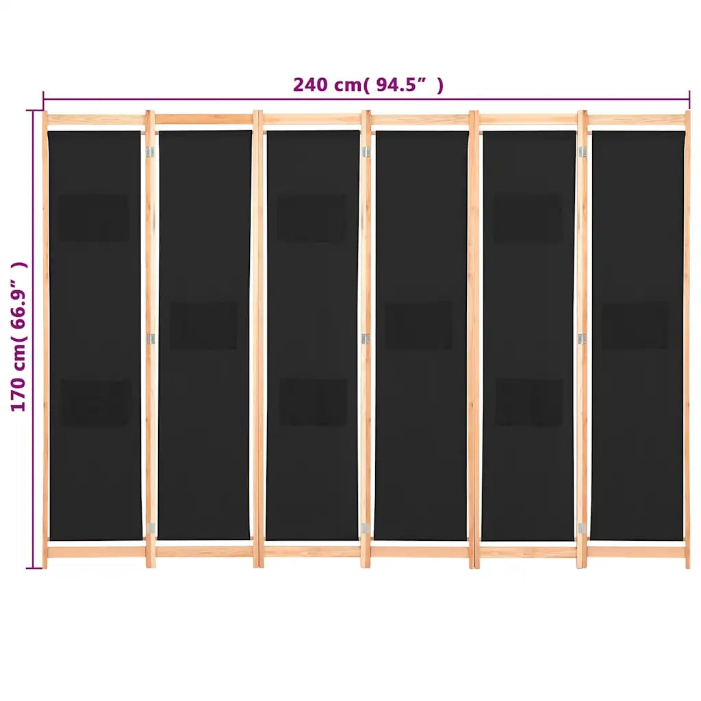 Divisorio a 6 Pannelli Nero 240x170x4 cm in Tessuto  cod mxl 72285