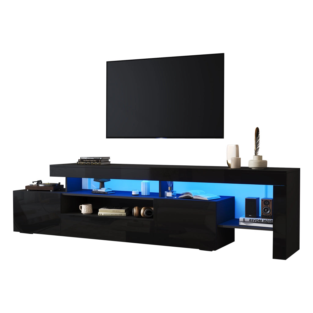 Mobile TV con 3 ante a ribalta; ripiani aperti e LED; per soggiorno; in truciolare nero; 192 × 37 × 53 cm