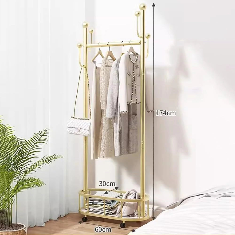 Appendiabiti in Metallo con Ganci e Solido Cestino portaoggetti, Design Moderno su Ruote, attaccapanni Industriale per Ingresso, 60/80/100 cm