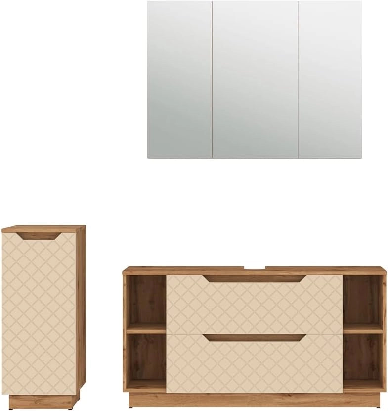 Set di mobili da bagno Lotta, Rovere/cashmere con struttura in piastrelle, 3 parti