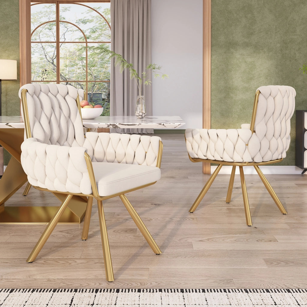 Set 2 sedie da pranzo girevoli in velluto beige con schienale alto, braccioli e struttura in metallo