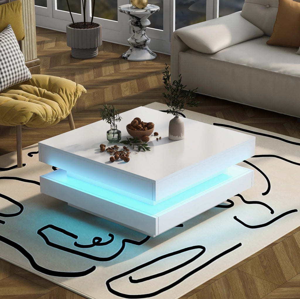 Tavolino da caffè quadrato 70x70x36 cm bianco lucido con LED Bluetooth e USB