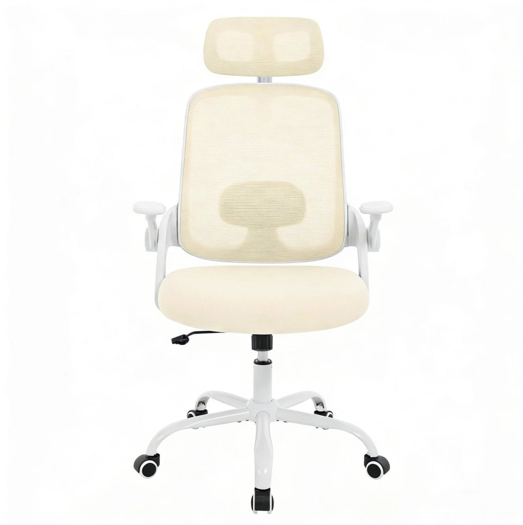 Sedia da ufficio ergonomica beige con schienale alto e supporto lombare