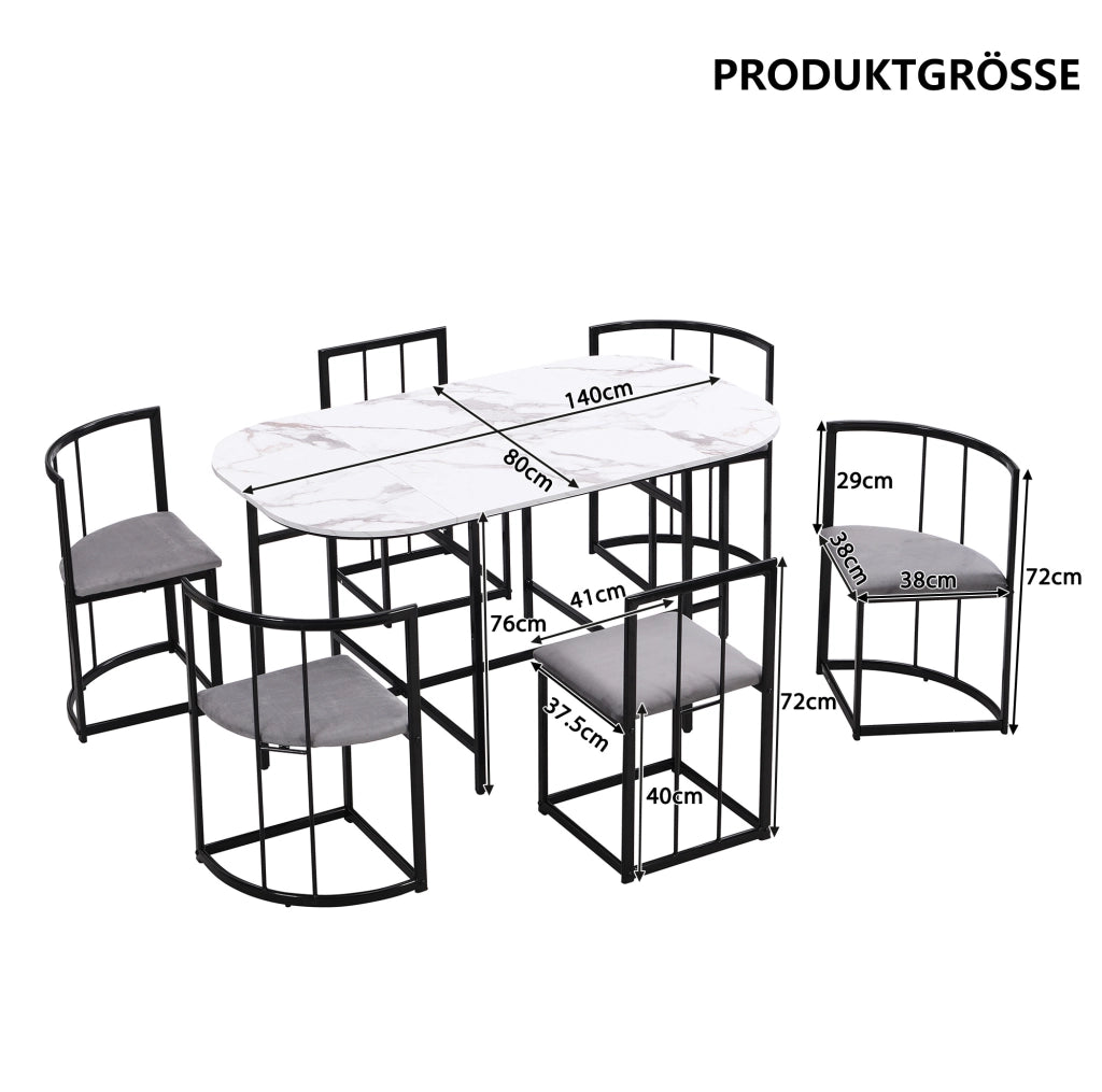 Set tavolo e sedie 140x80x76 cm in MDF bianco e nero, 6 posti