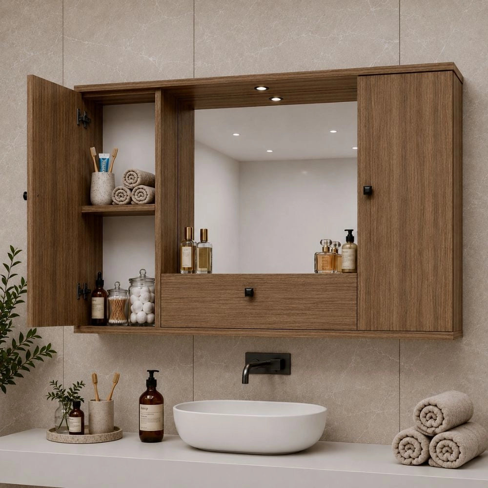 Mobile bagno pensile 3 ante con Specchio colore noce naturale 93x14x61H