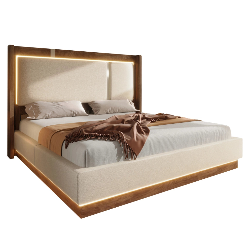 Letto matrimoniale 209x156x110 cm con LED; contenitore idraulico; in lino e legno beige