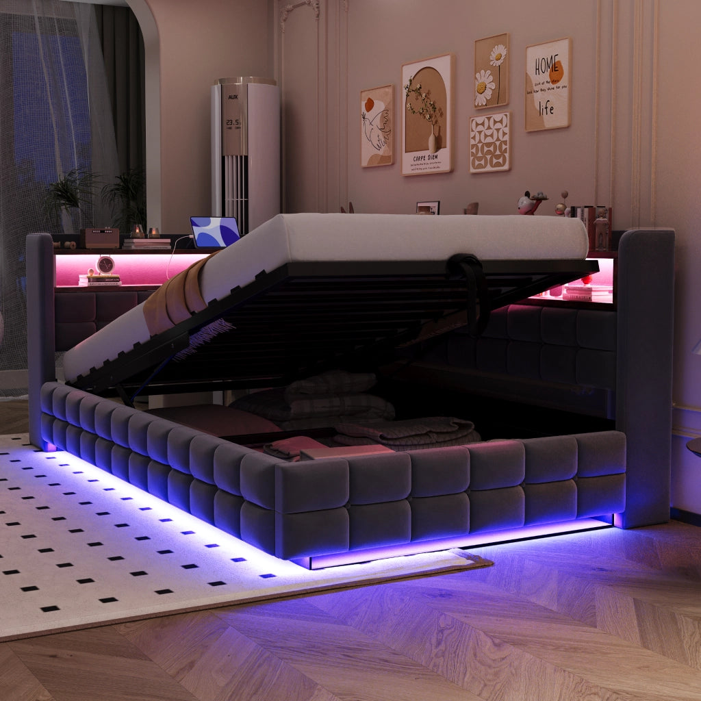 Divano letto multifunzionale in velluto grigio scuro 90x200 vano ripiano LED USB