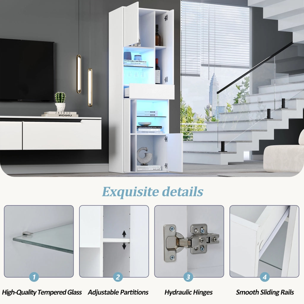 Vetrina con led e 1 cassetto, 4 ante e 11 vani, in truciolare, bianco, per soggiorno, 55 × 38 × 170 cm