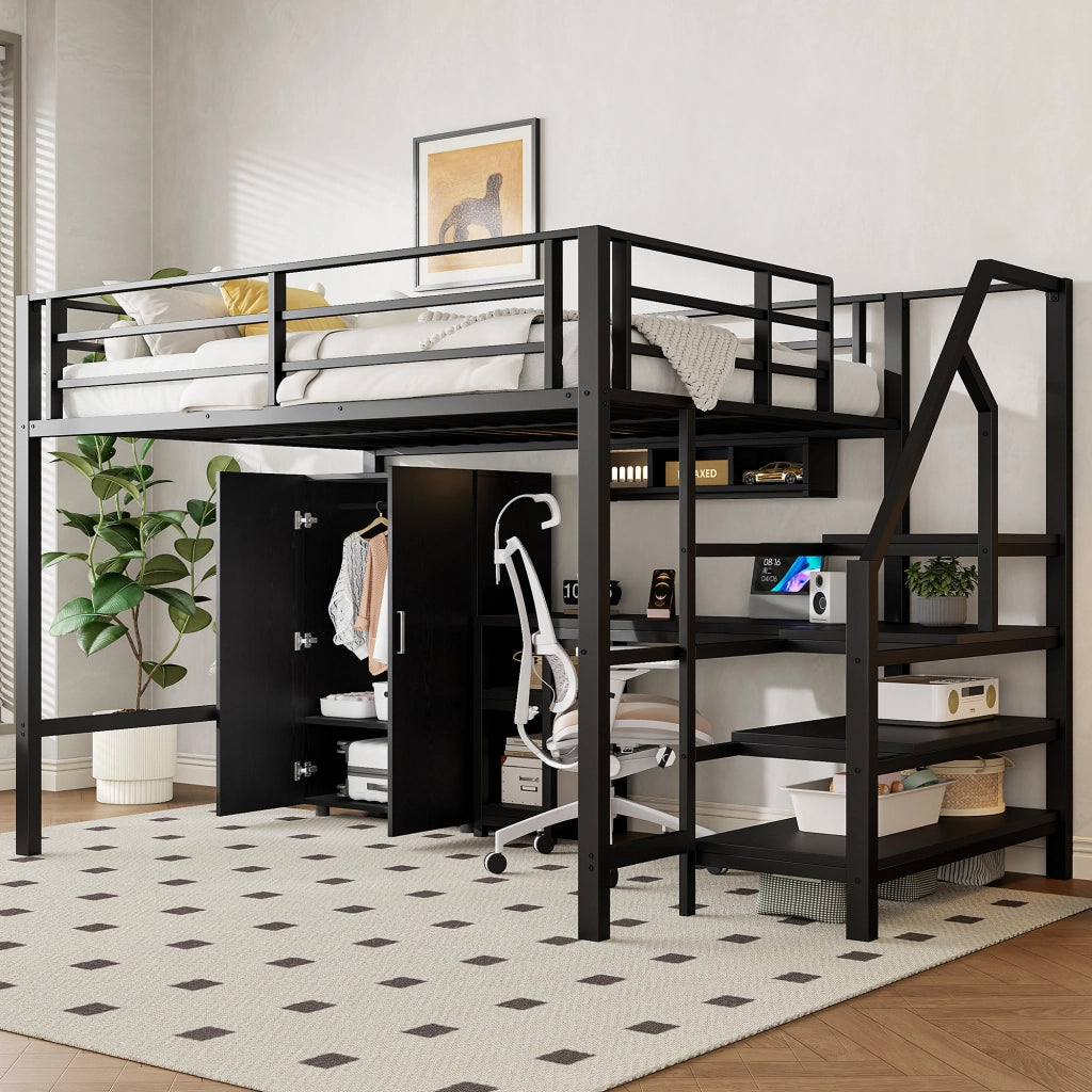 Letto a castello nero in metallo con scrivania armadio e scaffali 140x200 cm