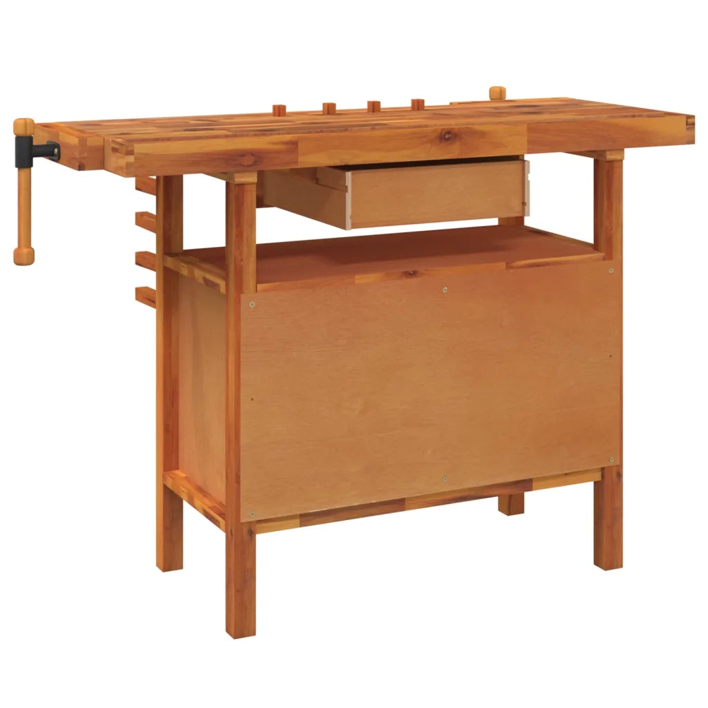 Banco da lavoro con cassetto e morse 124x52x83 cm in legno massello di acacia CFW4357158