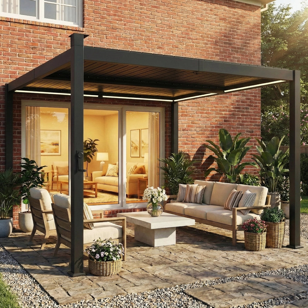 Pergola bioclimatica 3x3m con luci LED solari e grondaie ¨C zephmum ¨C nero