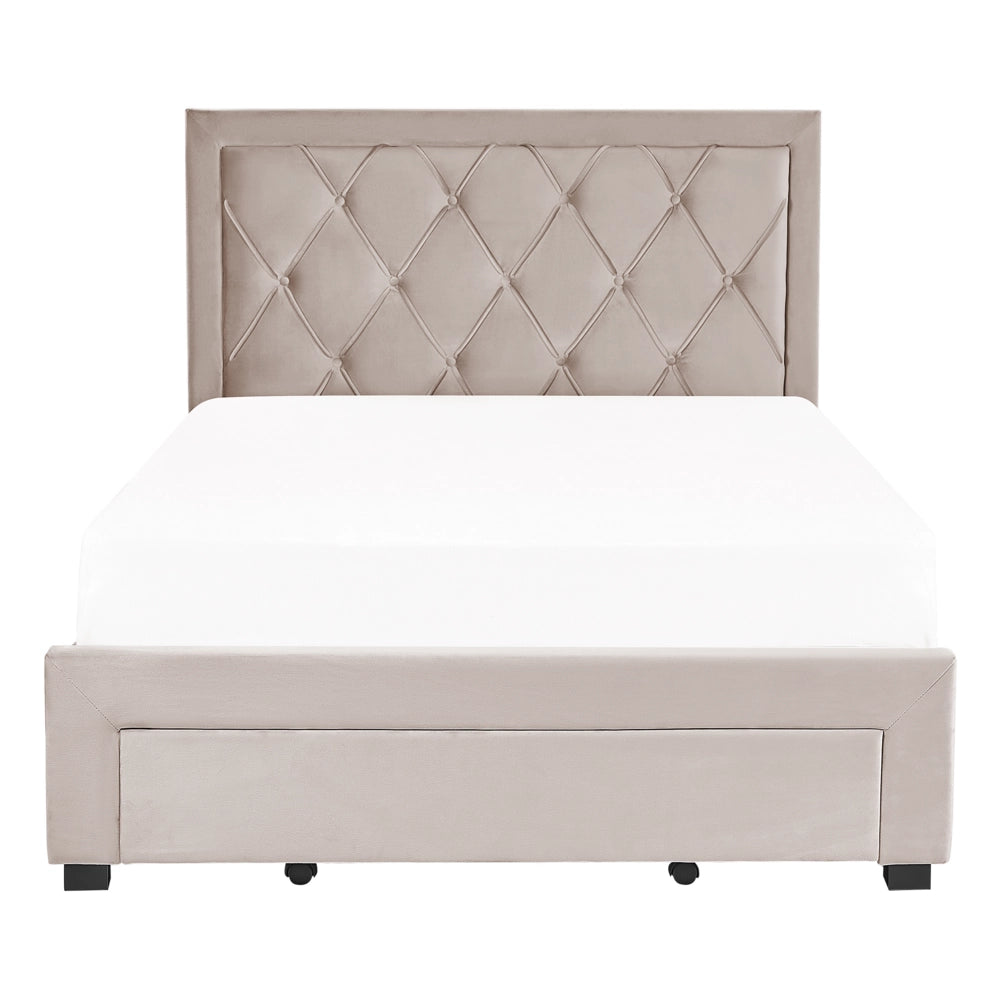 Letto contenitore tappezzeria in velluto beige 140 x 200 cm trapuntato testiera alta cassetti Glam Design