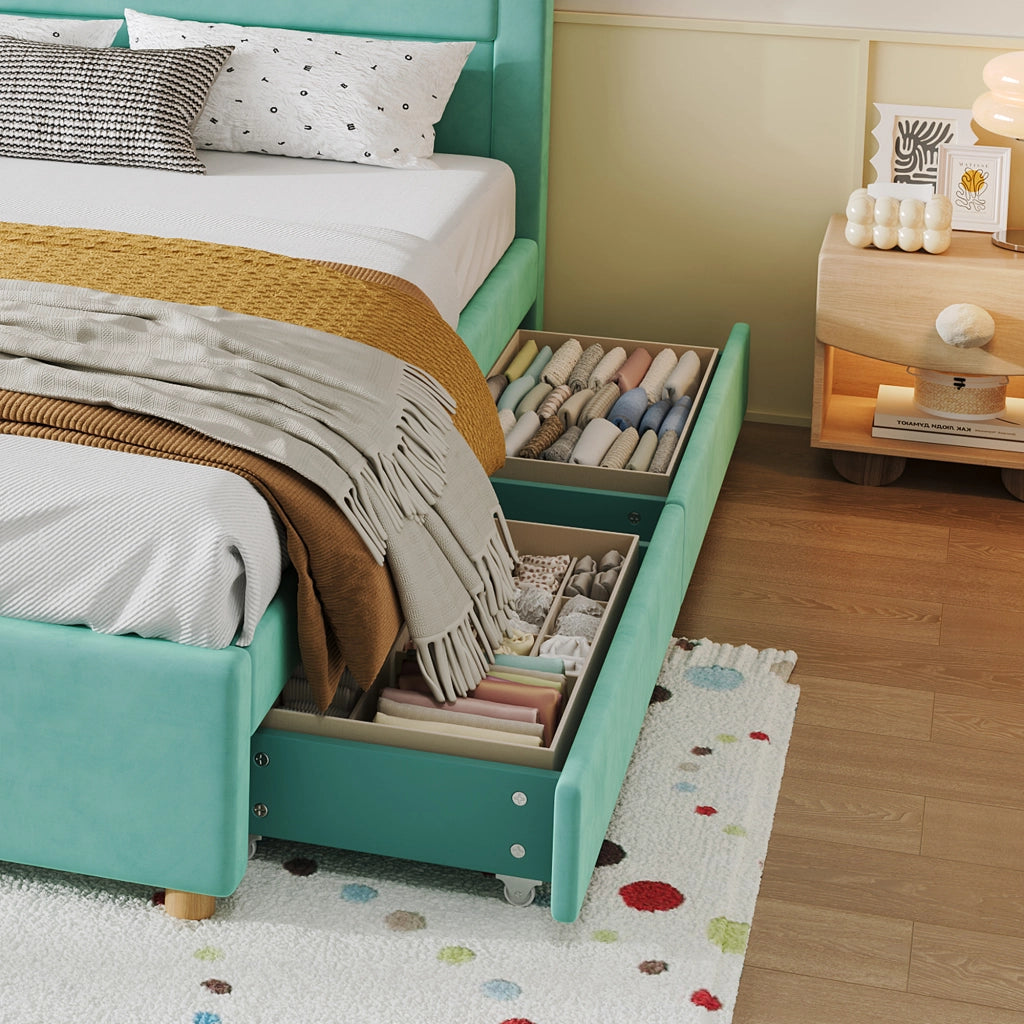 Letto per bambini a casetta 140 × 200 cm con 4 cassetti, senza materasso, in velluto, bluverde