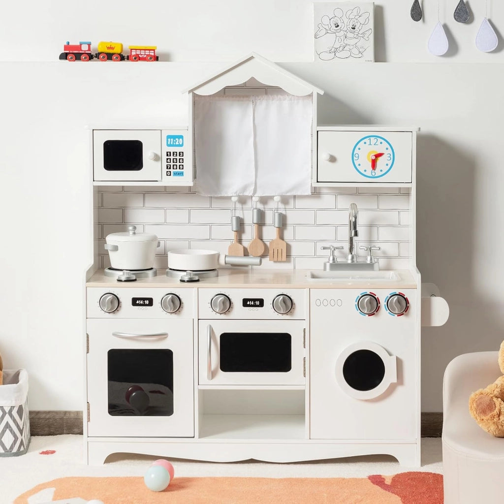 Cucina Giocattolo per Bambini, Cucina Legno per Bambini con Lavatrice, Piano, Cottura Forno e Microonde, 3 Anni+, Bianco