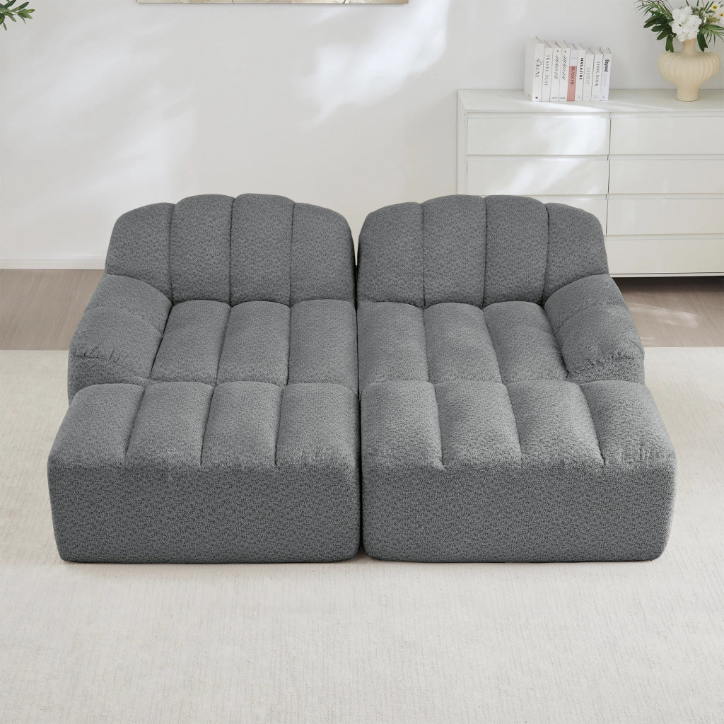 Divano modulare a 2 posti con pouf, schiuma ad alta densità e tessuto granulato grigio 210 × 165 × 79 cm
