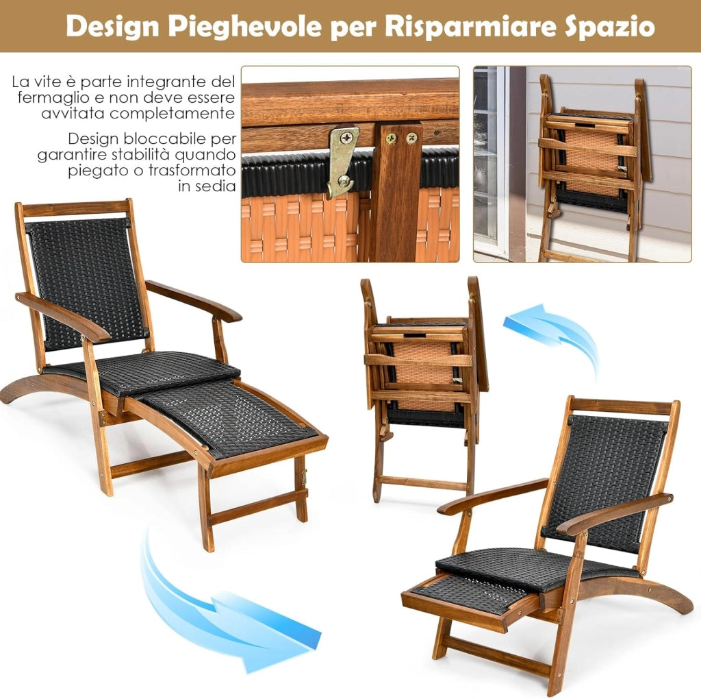 Sedia a Sdraio da Esterno con Poggiapiedi Telescopico, Schienale e Sedile in Rattan, Poltrona Pieghevole con Struttura in Legno Massello per Giardino, Cortile, Portata 160 kg