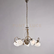 Lampadario in ferro laccato marrone con decorazione oro antico e diffusori in vetro diametro 13 alabastro bianchi 5 luci