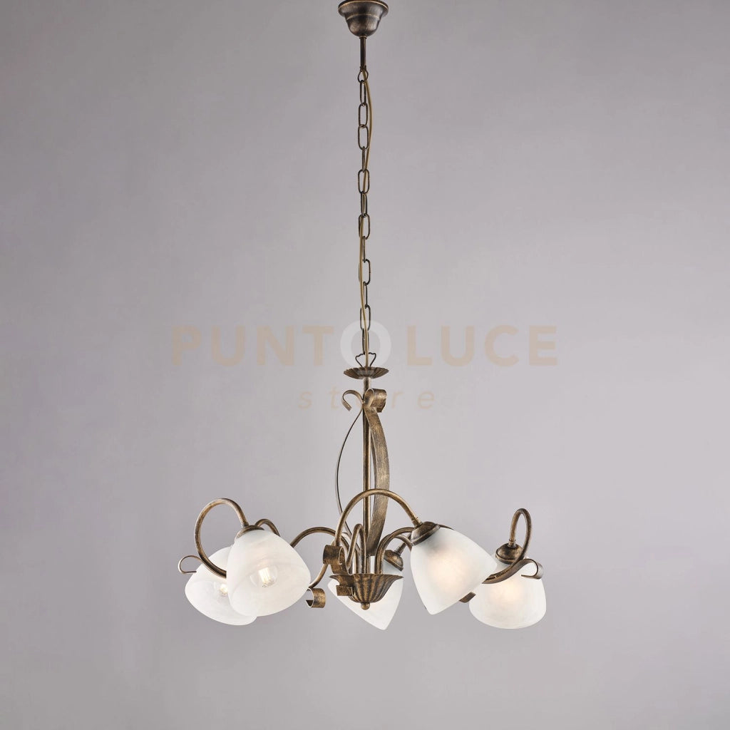 Lampadario in ferro laccato marrone con decorazione oro antico e diffusori in vetro diametro 13 alabastro bianchi 5 luci