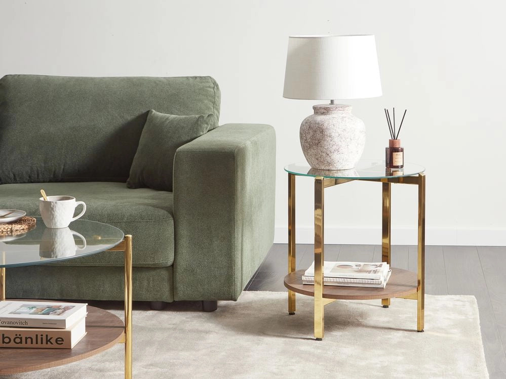 Tavolino moderno piano in vetro temperato con 1 ripiano legno scuro e oro stile moderno