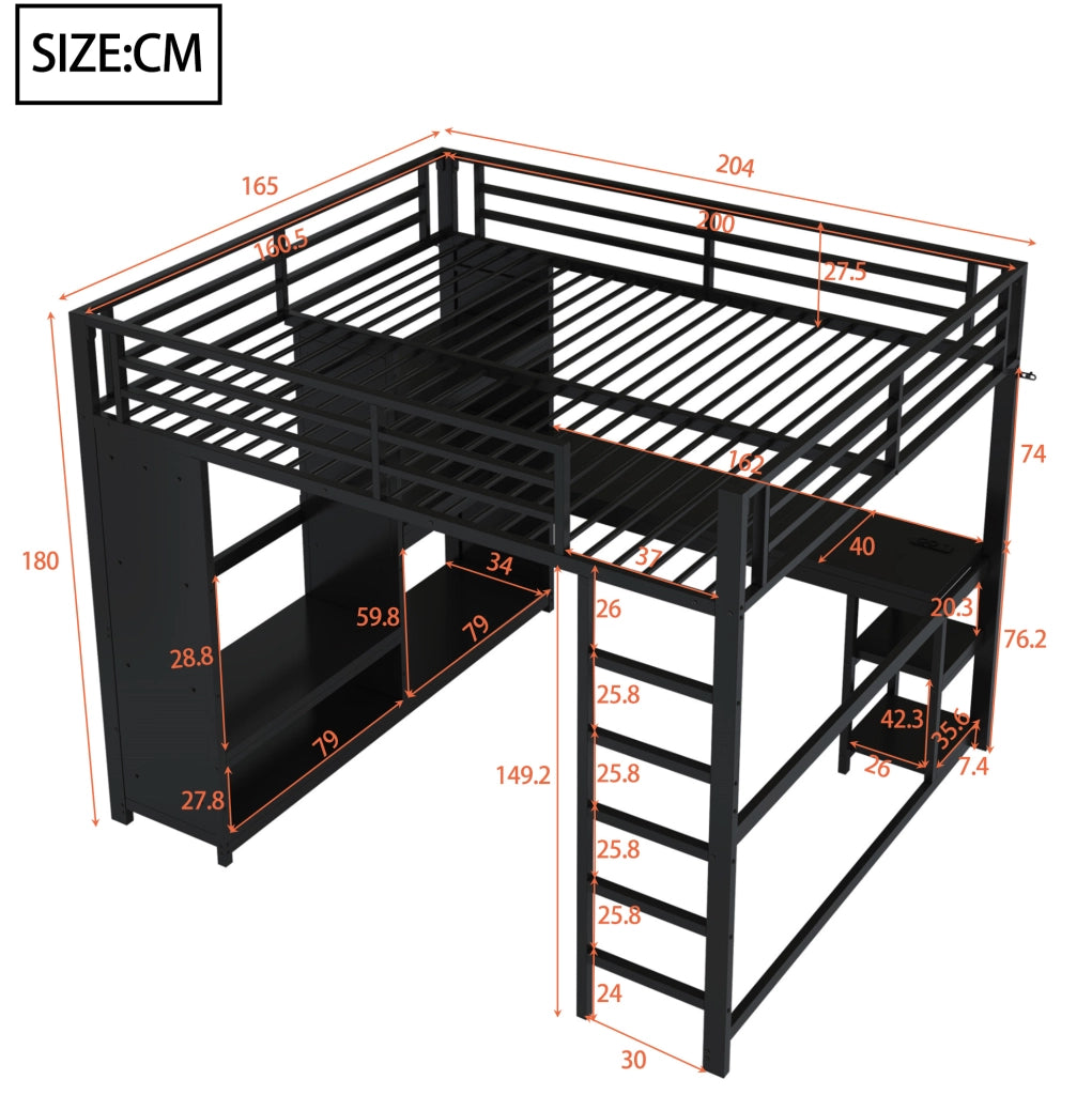 Letto a soppalco in metallo 160x200 con scrivania, LED e spazio contenitivo