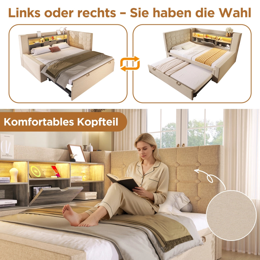 OKWISH Letto a Divano 90×200 cm, Letto Singolo con Letto Estraibile 90×190, LED Regolabile, USB e Tipo C, senza Materasso, Beige