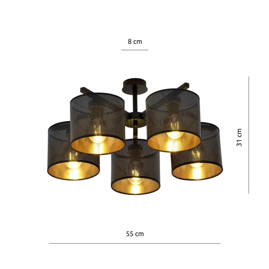 Plafoniera Industrial 5 Luci Cigno In Acciaio Nero E Paralumi A Cilindro Oro