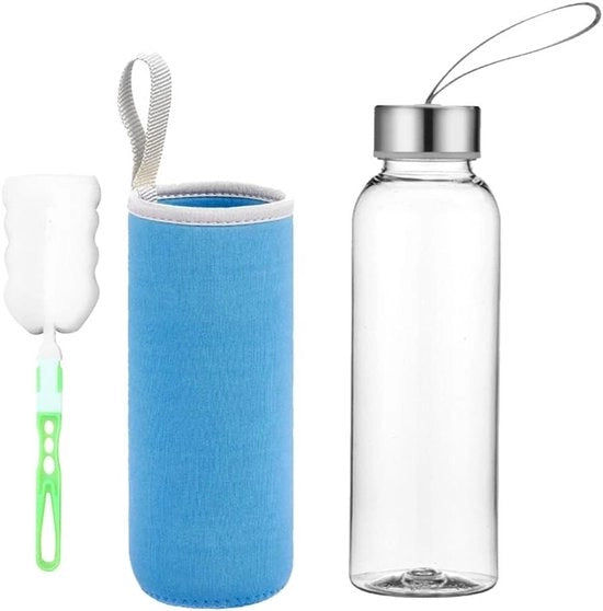 Bottiglia di vetro da 750 ml con tasca in nylon per l'uso in movimento - Blu - BPA libero - Sport bottle in vetro - Otre da acqua con design classico
