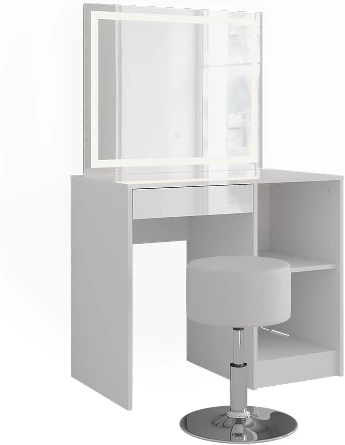 Tavolo da toeletta Sherry, Bianco/bianco lucido, 89.8 cm con specchio LED e sgabello, per l’uso quotidiano come postazione trucco e acconciatura